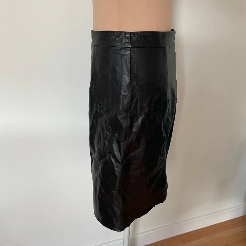 Milly Black Calf Leather Knee Length Back Vent Pencil Skirt Size 4